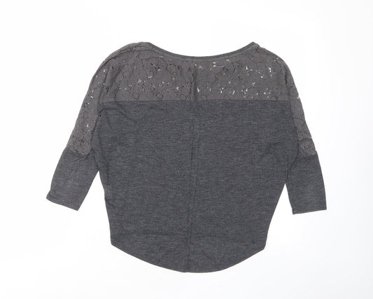 Pull&Bear Womens Grey Polyester Basic T-Shirt Size S Boat Neck - Lace