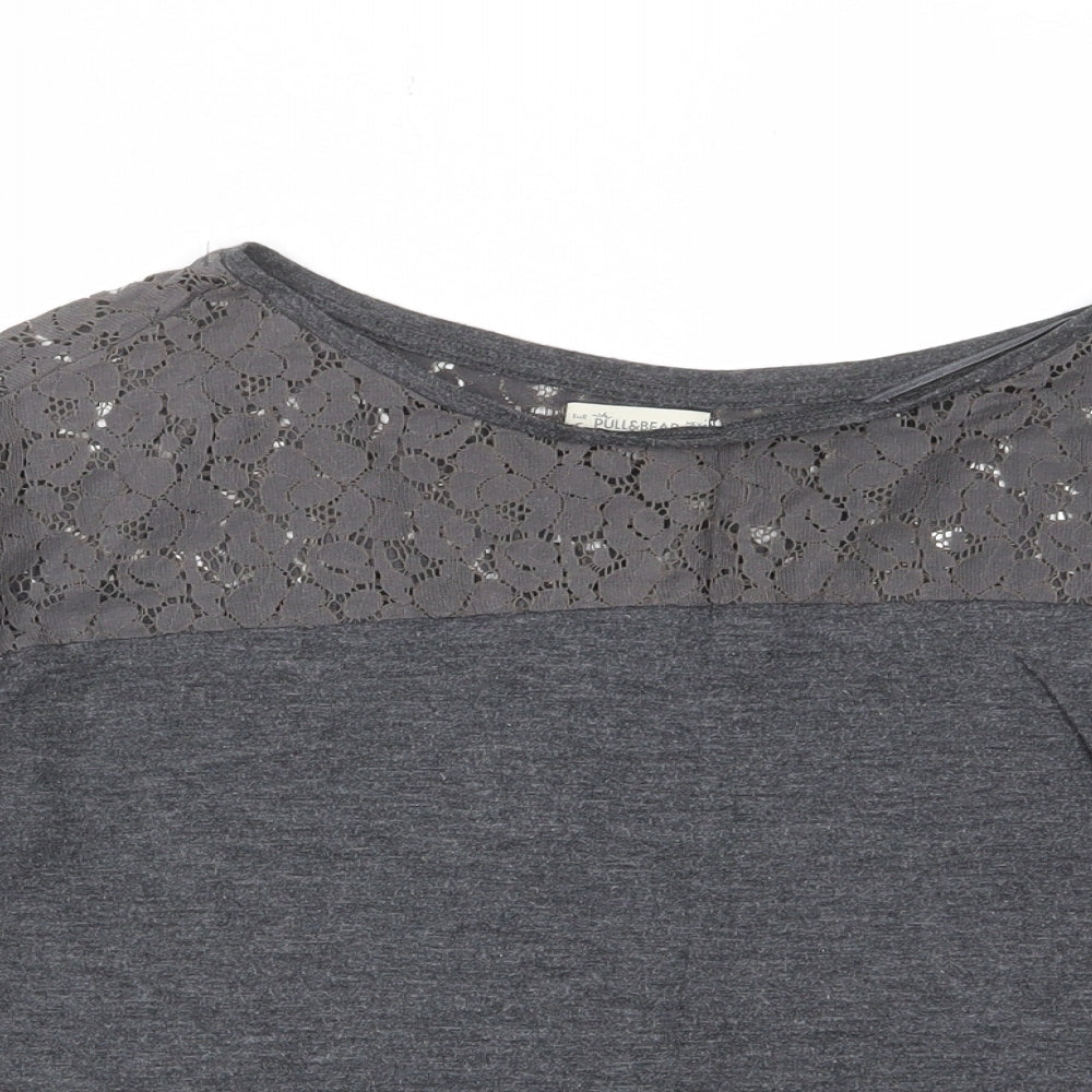Pull&Bear Womens Grey Polyester Basic T-Shirt Size S Boat Neck - Lace