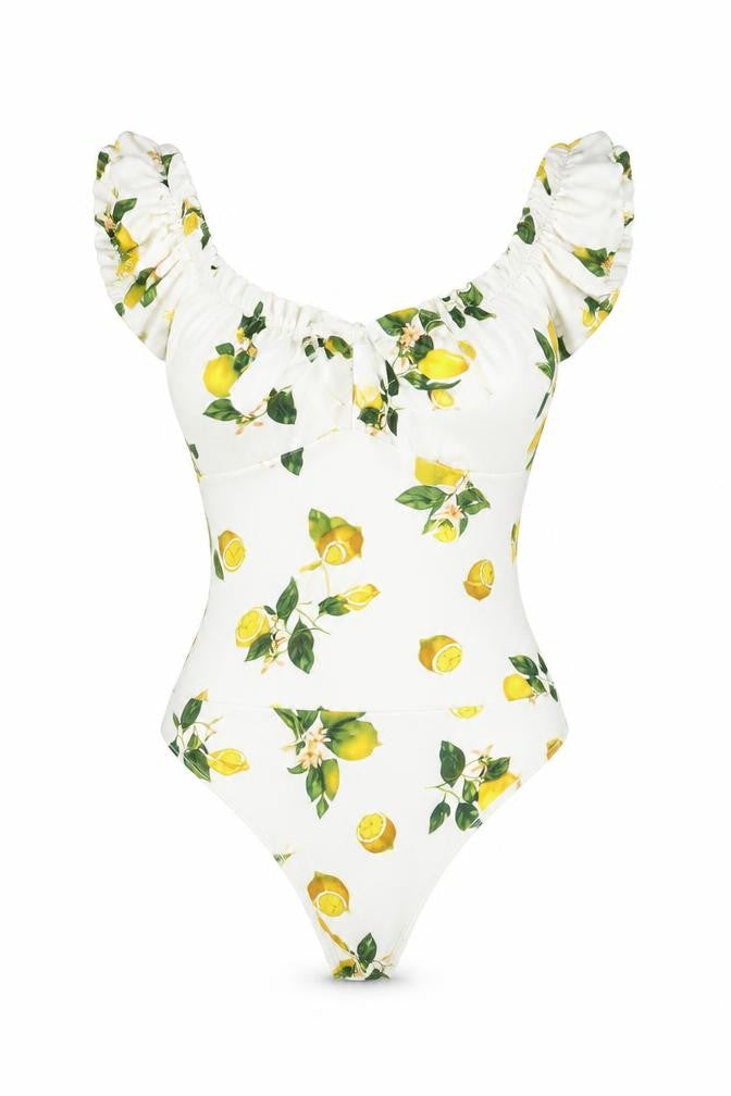 Front view of Missguided women’s white geometric polyester bodysuit one-piece, size UK 10, snap - frill
