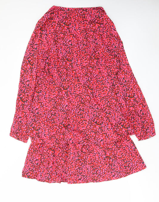 Rino & Pelle Womens Pink Animal Print Viscose A-Line Size 14 V-Neck Button - Frill