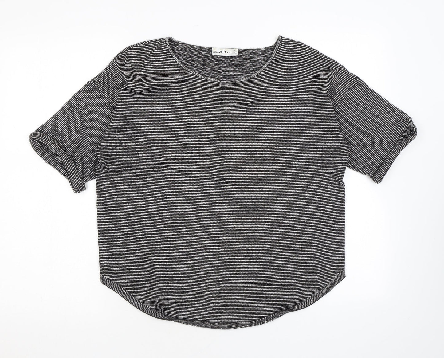 Zara Womens Black Striped Viscose Basic T-Shirt Size M Boat Neck