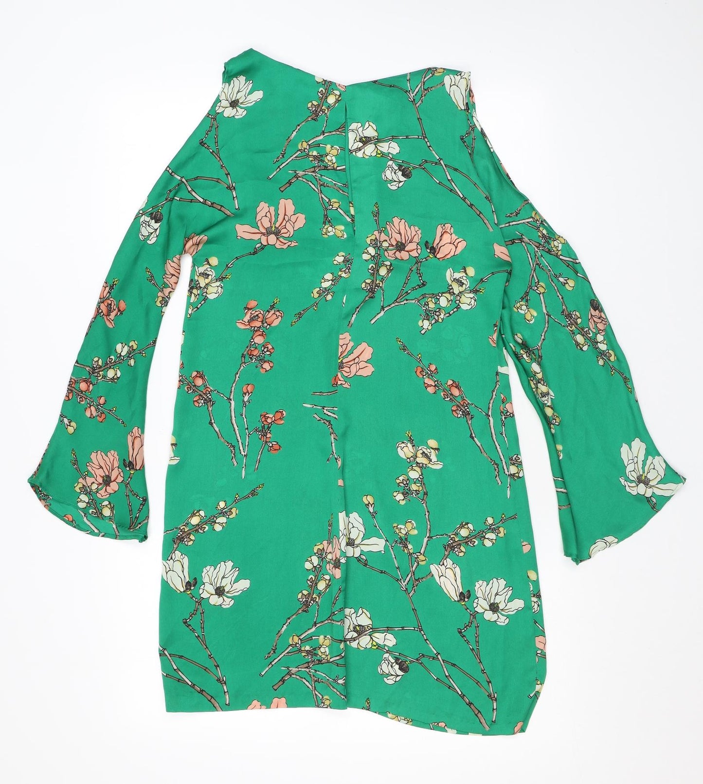 Zara Womens Green Floral Polyester A-Line Size XS Boat Neck Pullover - Cold Shoulder
