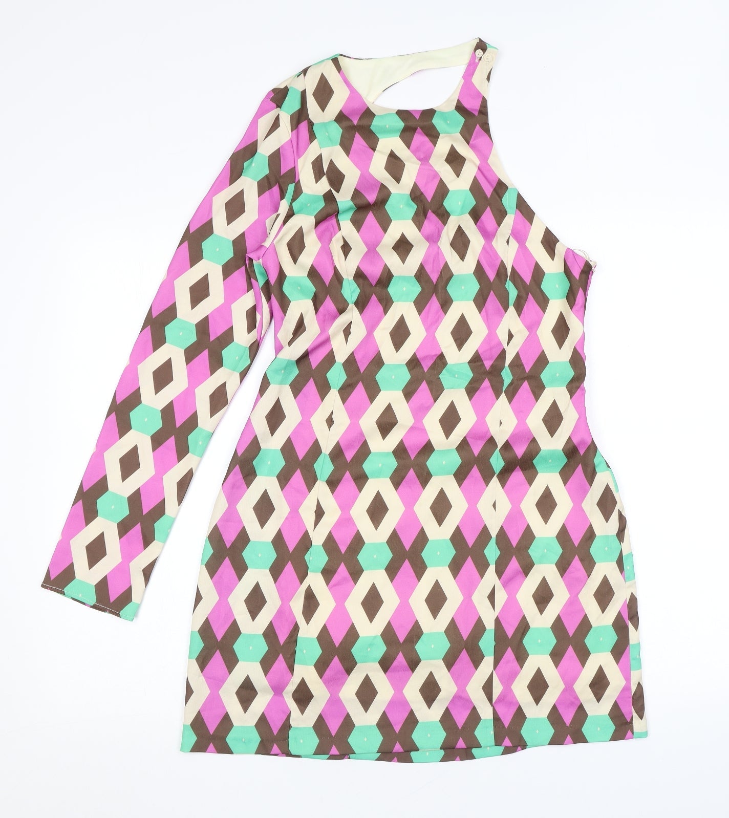 Zara Womens Multicoloured Geometric Polyester A-Line Size M One Shoulder Button