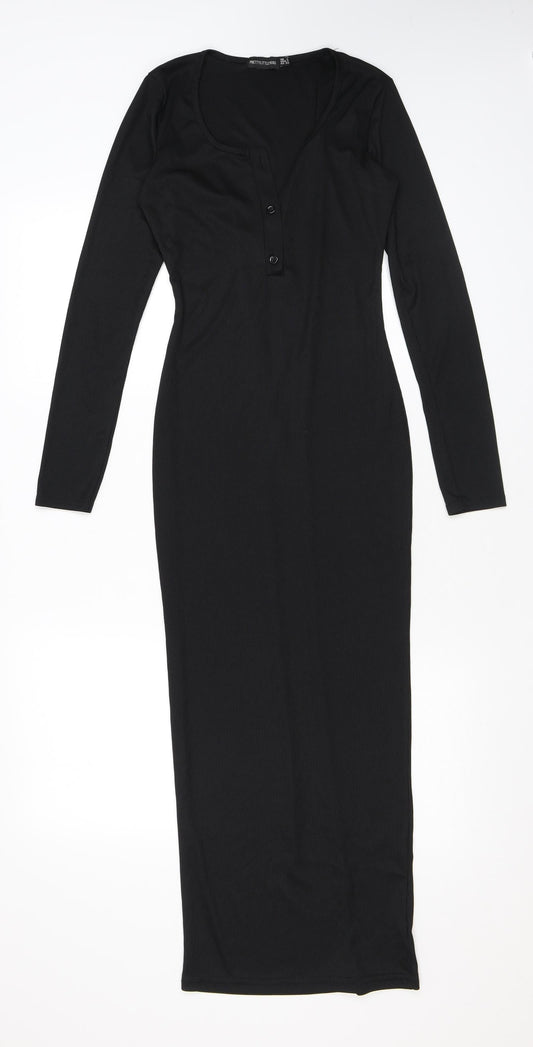 PRETTYLITTLETHING Womens Black Polyester Bodycon Size 6 Scoop Neck Button