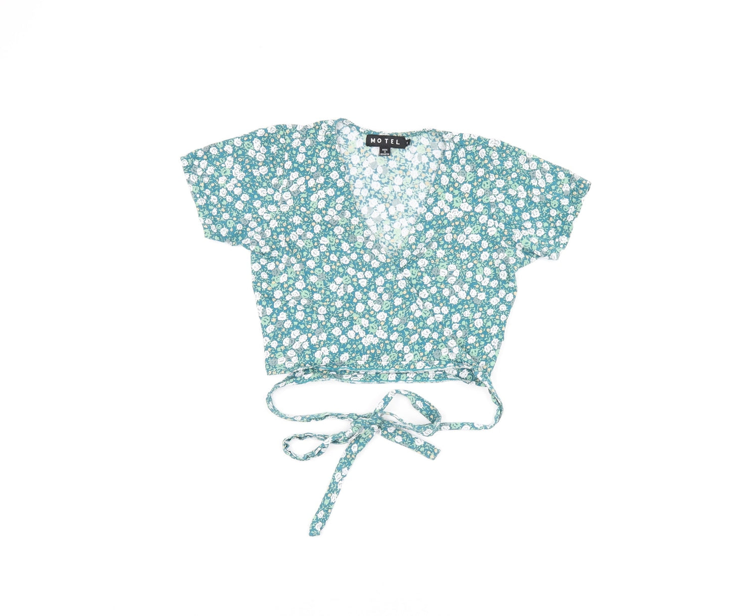 Motel Womens Green Floral Cotton Cropped T-Shirt Size S V-Neck