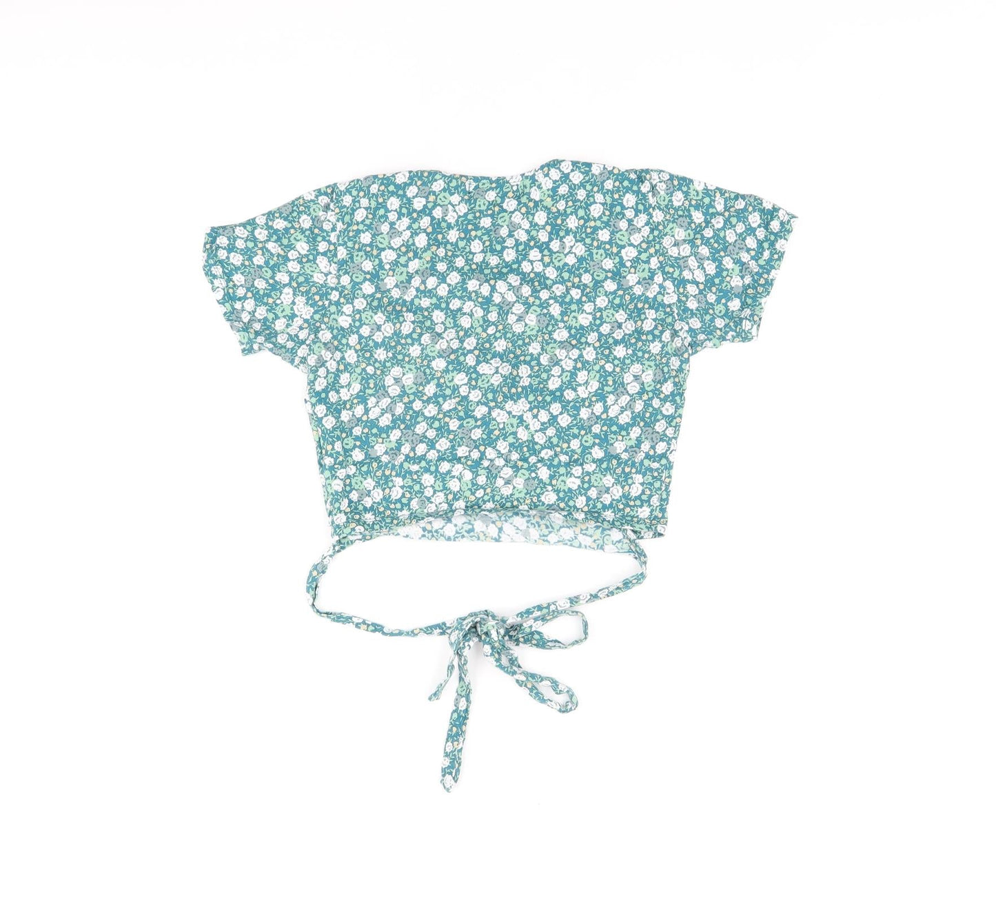 Motel Womens Green Floral Cotton Cropped T-Shirt Size S V-Neck
