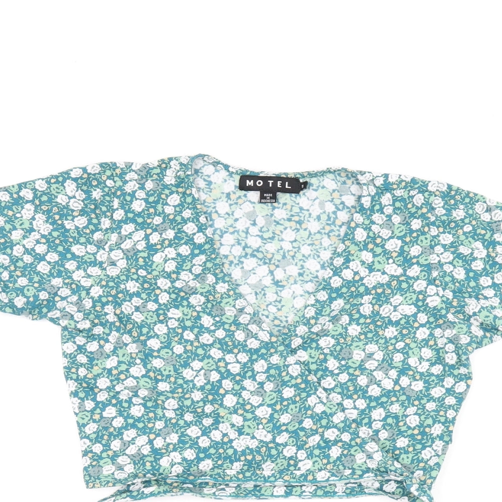 Motel Womens Green Floral Cotton Cropped T-Shirt Size S V-Neck