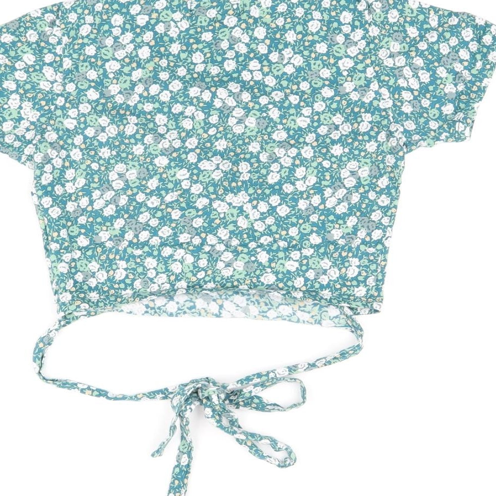 Motel Womens Green Floral Cotton Cropped T-Shirt Size S V-Neck