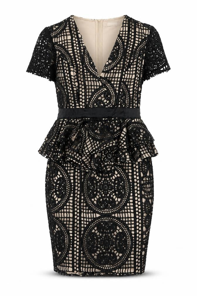 PRETTYLITTLETHING Womens Black Geometric Polyester Pencil Dress Size 10 Boat Neck Zip
