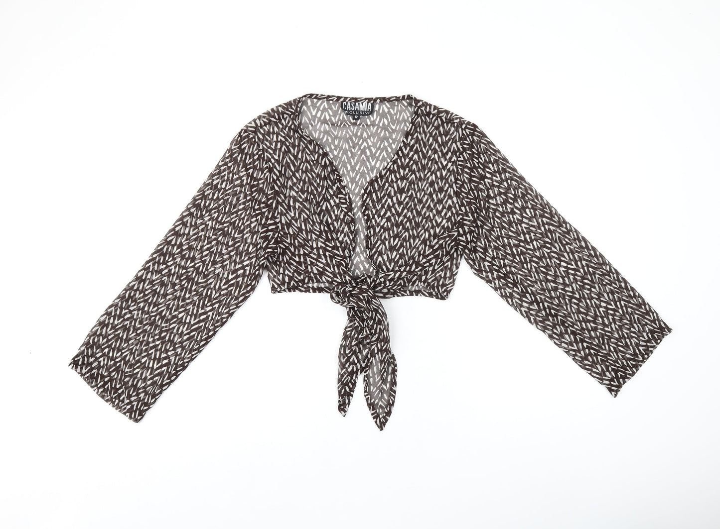 CASAMIA Womens Brown Geometric Polyester Cropped Blouse Size 12 V-Neck