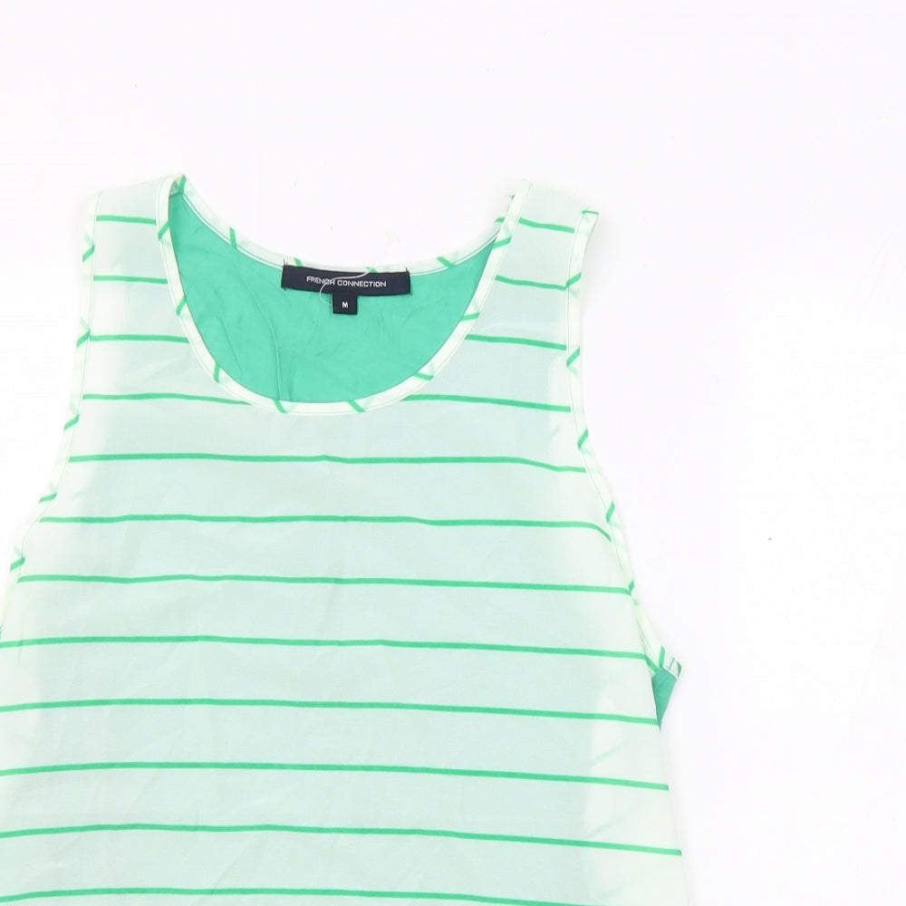 French Connection Womens White Striped Polyester Basic Tank Size M Round Neck - White and Green, Sheer