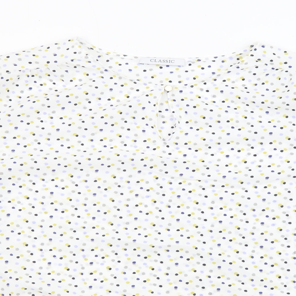 Classic Womens White Polka Dot Polyester Basic Blouse Size 14 Round Neck - Sheer