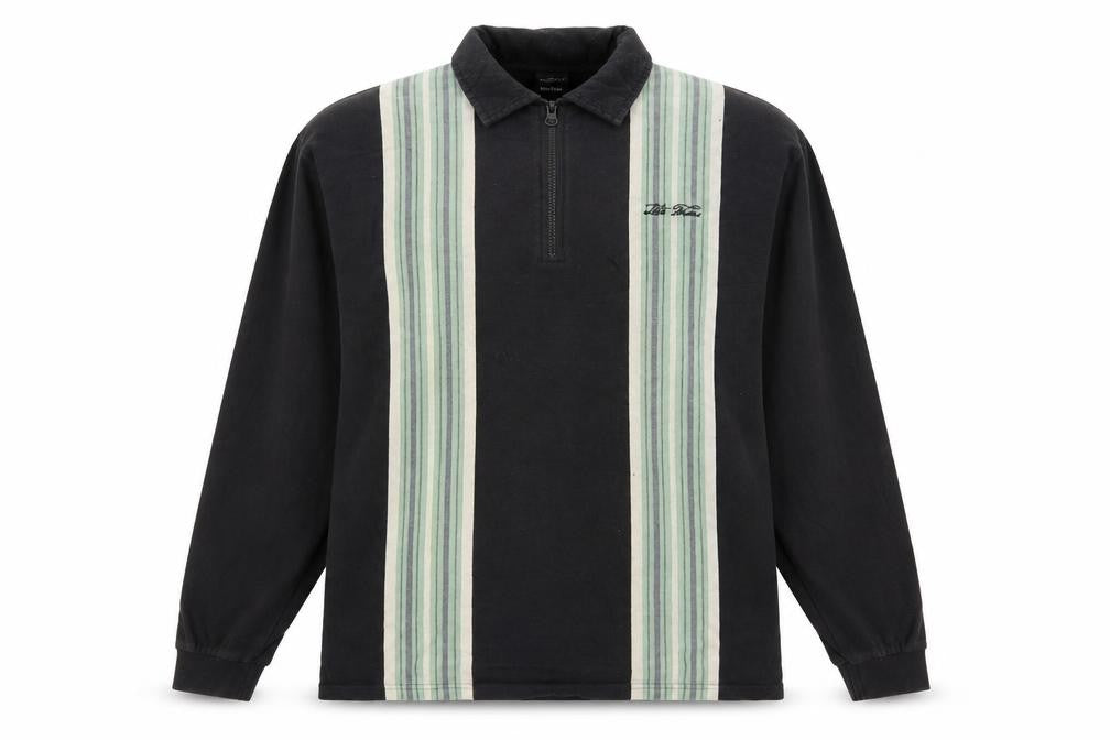 Front view of Iets Frans men’s black striped cotton henley sweatshirt, size S