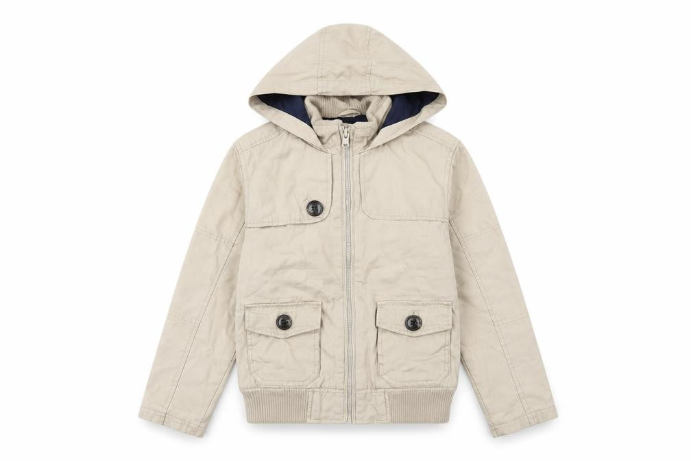 Front view of Indigo girls’ beige jacket, size 9-10, years zip