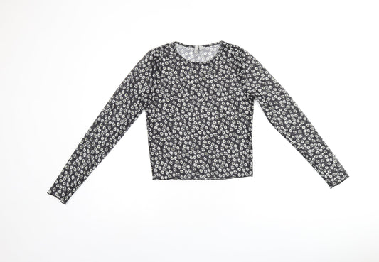 ASOS Womens Black Floral Polyester Basic T-Shirt Size 10 Round Neck - Daisy Print Sheer