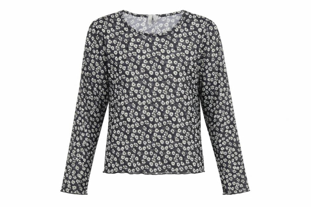Front view of ASOS women’s black floral polyester basic t-shirt, size UK 10, round neck - daisy print sheer