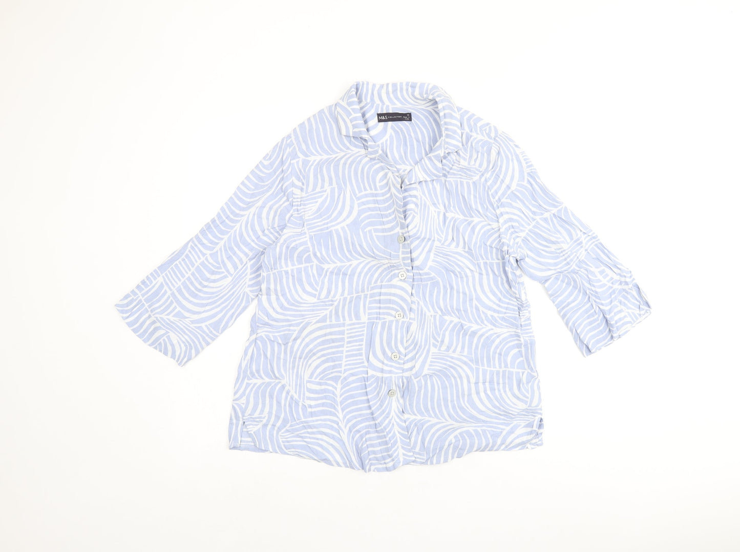 Marks and Spencer Womens Blue Geometric Viscose Basic Button-Up Size 10 Collared