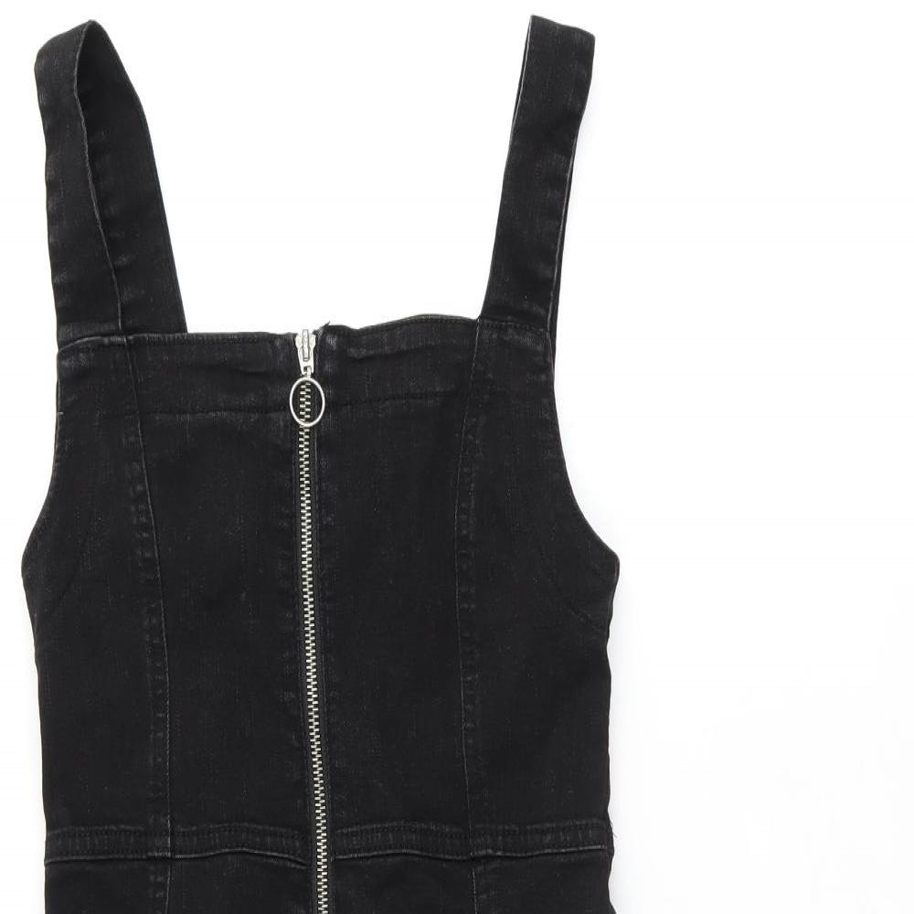 Denim & Co. Womens Black Cotton Pinafore/Dungaree Dress Size 6 Square Neck Zip - Pinafore