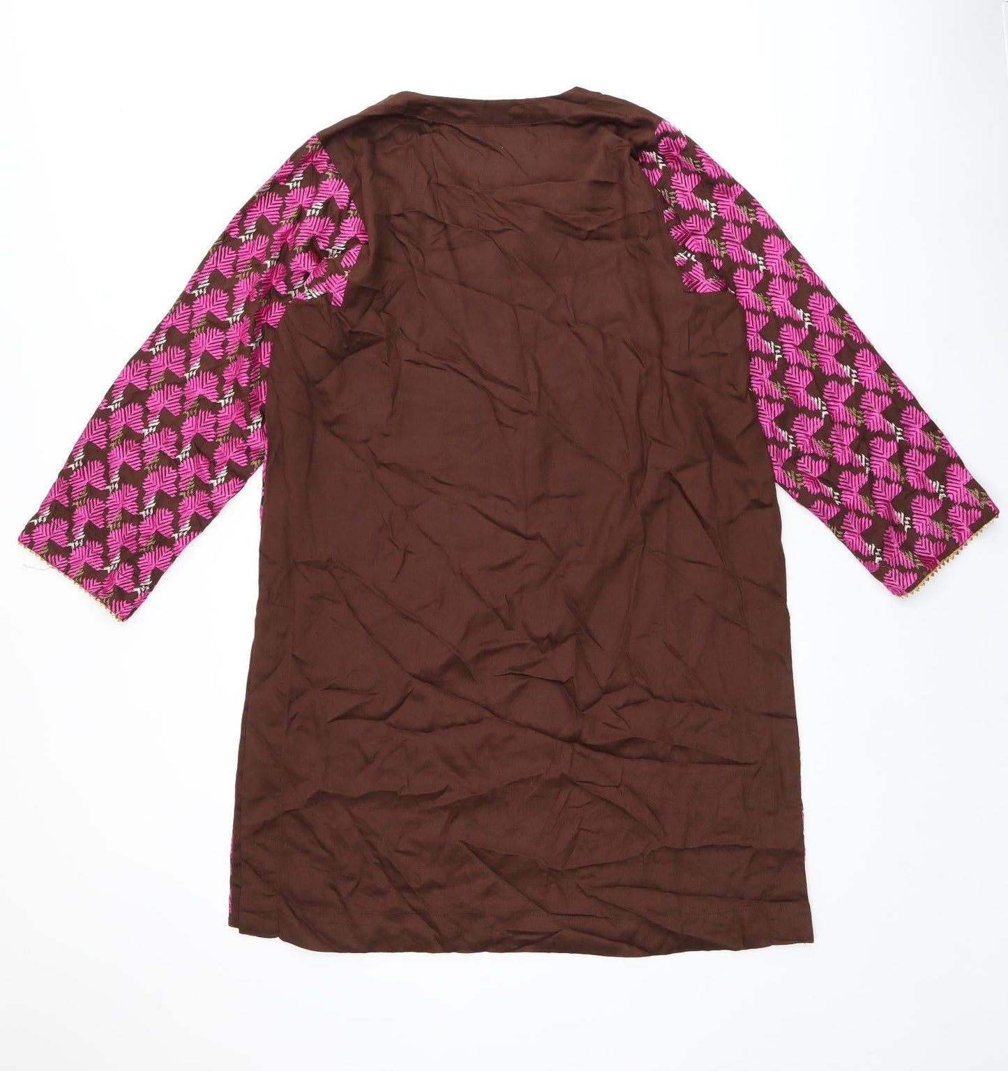 Khaadi Womens Brown Geometric Viscose Tunic Blouse Size 12 Boat Neck