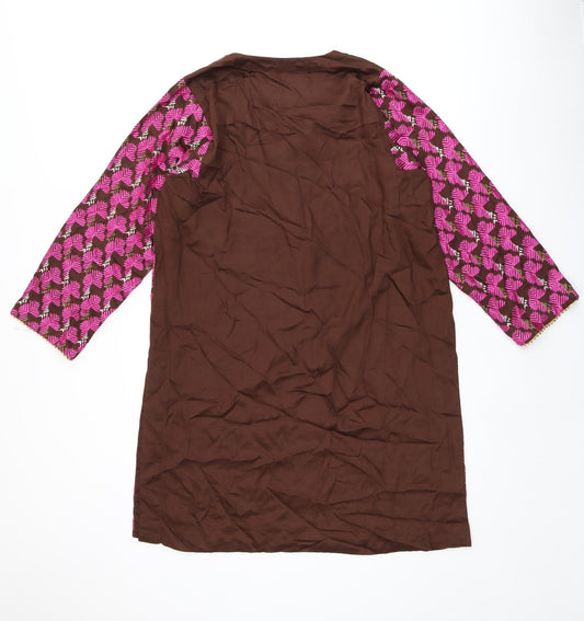 Khaadi Womens Brown Geometric Viscose Tunic Blouse Size 12 Boat Neck