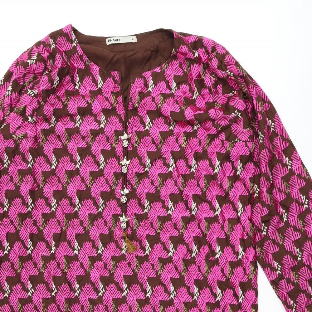 Khaadi Womens Brown Geometric Viscose Tunic Blouse Size 12 Boat Neck