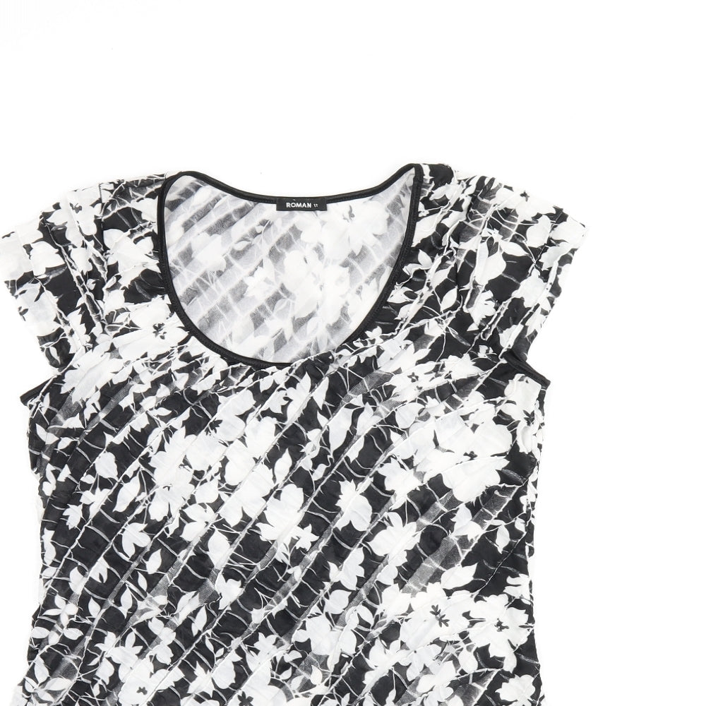 Roman Womens Black Floral Polyester Basic T-Shirt Size 12 Scoop Neck