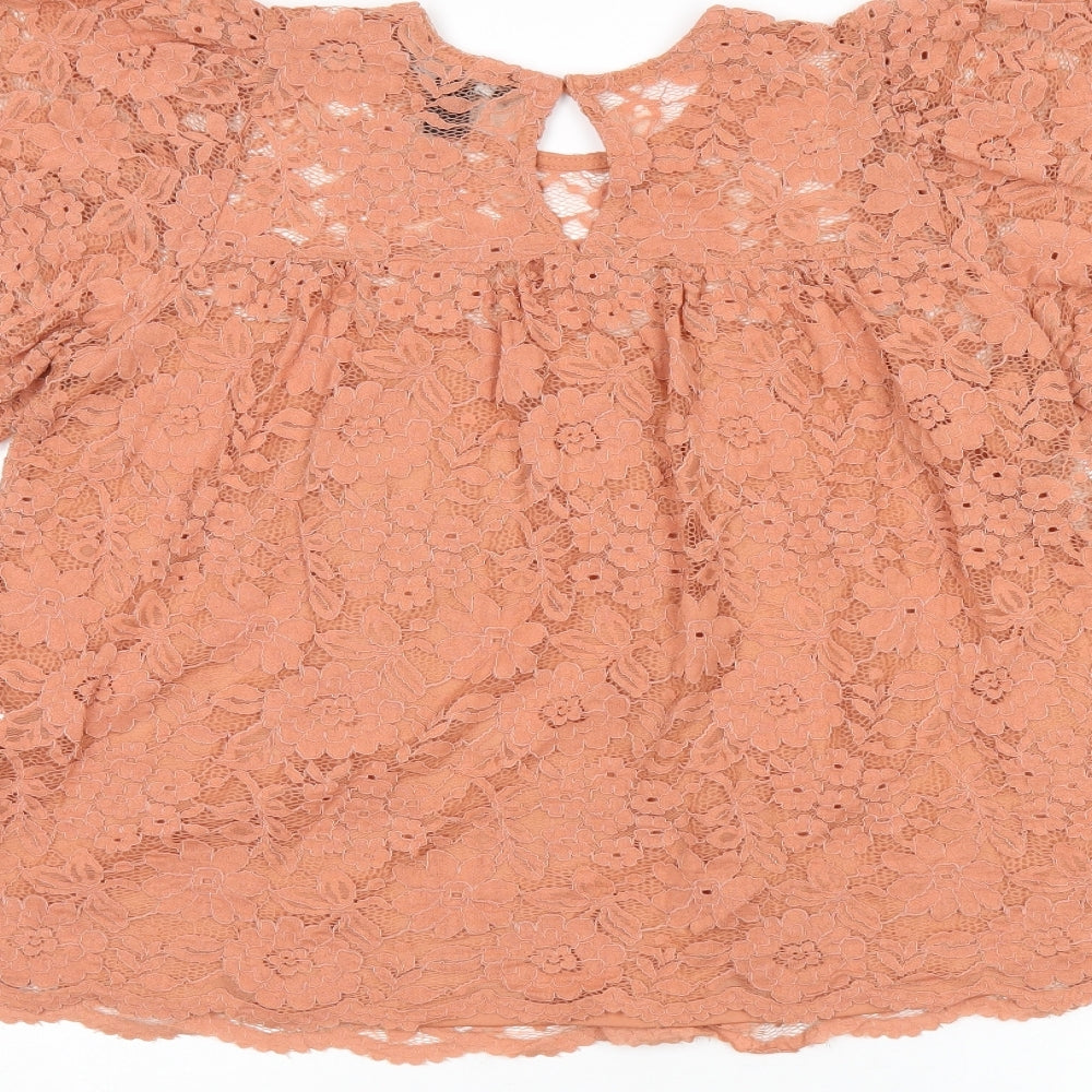 New Look Womens Pink Floral Polyamide Basic T-Shirt Size 10 Round Neck