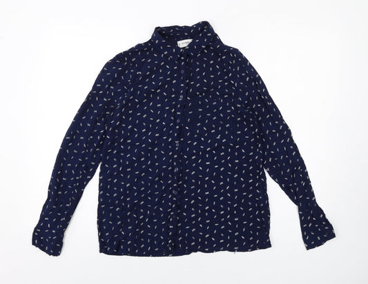 Pull&Bear Womens Blue Geometric Cotton Basic Button-Up Size M Collared