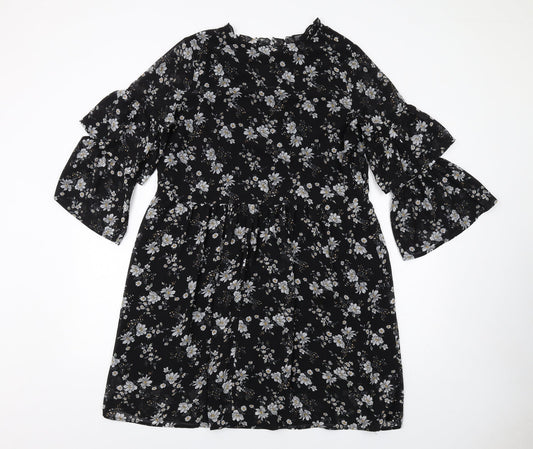 Carry Casual Womens Black Floral Polyester A-Line Size L V-Neck Pullover