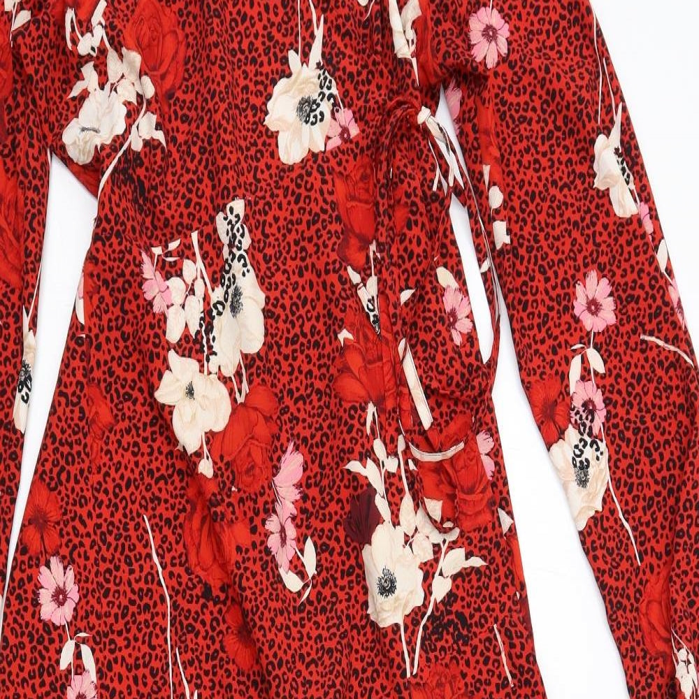 Wallis Womens Red Geometric Polyester Wrap Dress Size 8 V-Neck Tie - Leopard Print Flowers