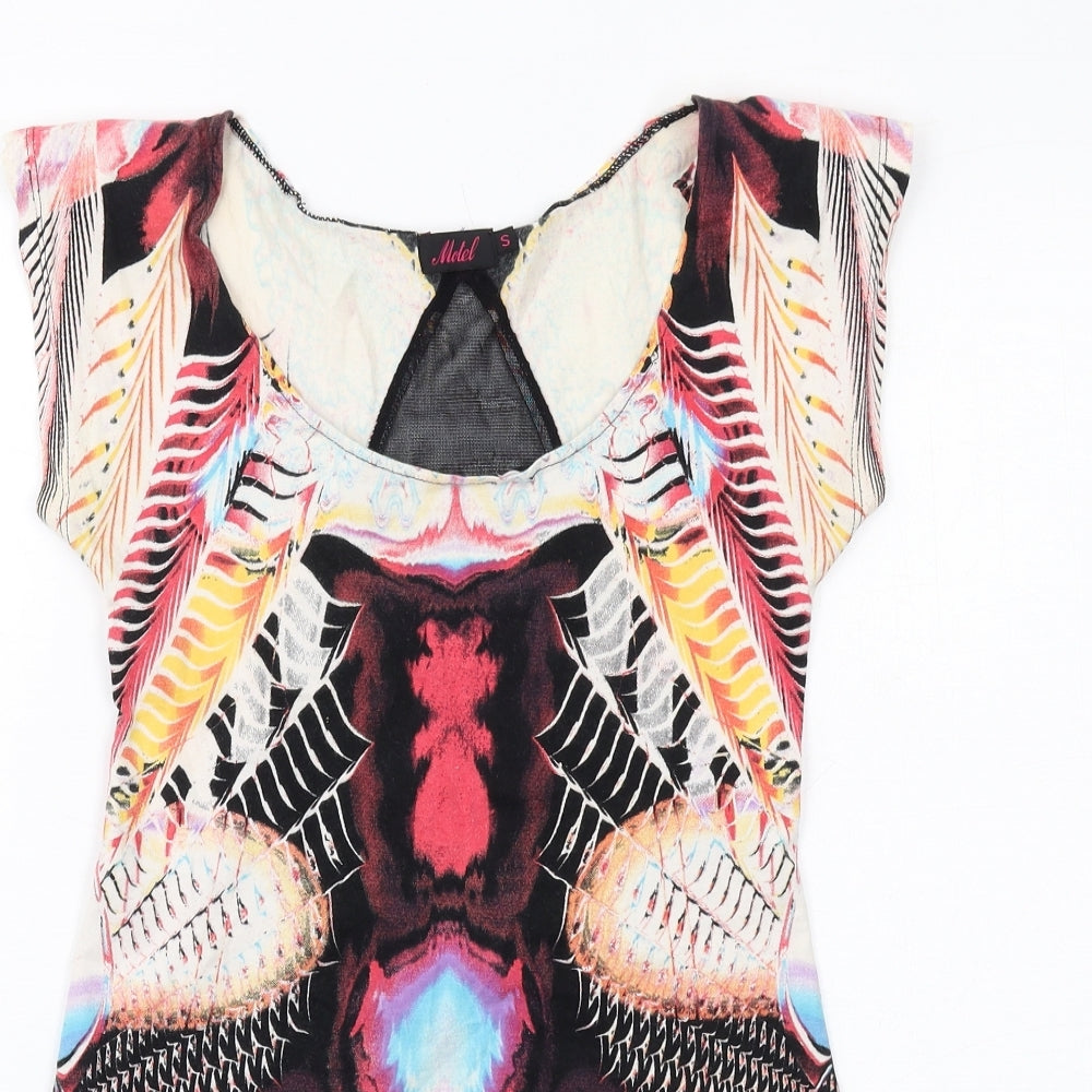 Motel Womens Multicoloured Geometric Cotton Bodycon Size S Scoop Neck Pullover - Mesh Back