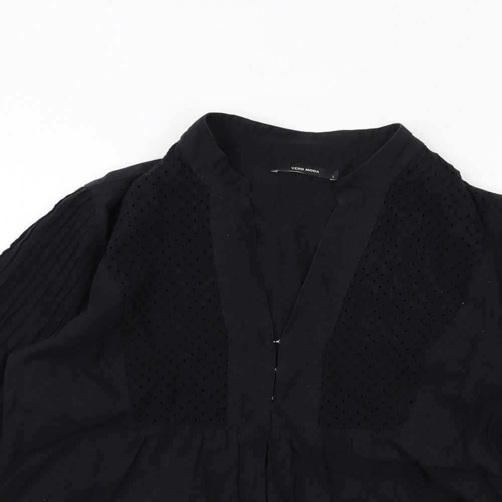 VERO MODA Womens Black Cotton Basic Blouse Size L V-Neck