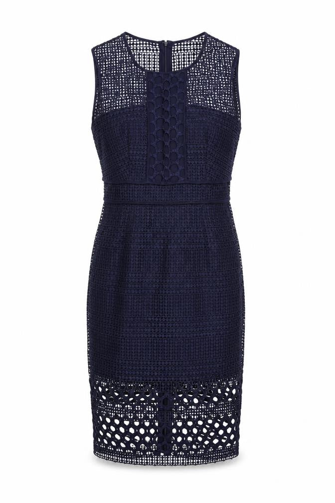 Marks and Spencer Womens Blue Polyester Pencil Dress Size 12 Round Neck Zip - Crochet Overlay