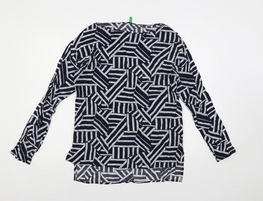 United Colors of Benetton Womens Blue Geometric Viscose Basic Blouse Size S Boat Neck