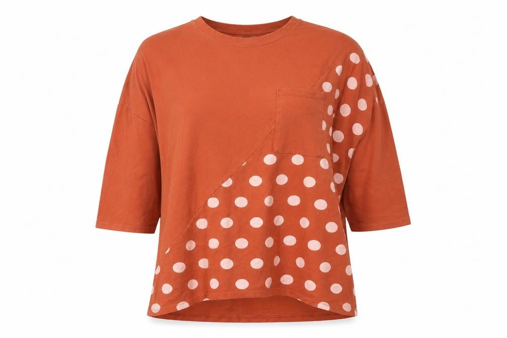 Front view of Alexara women’s red polka dot cotton basic blouse, size L, round neck