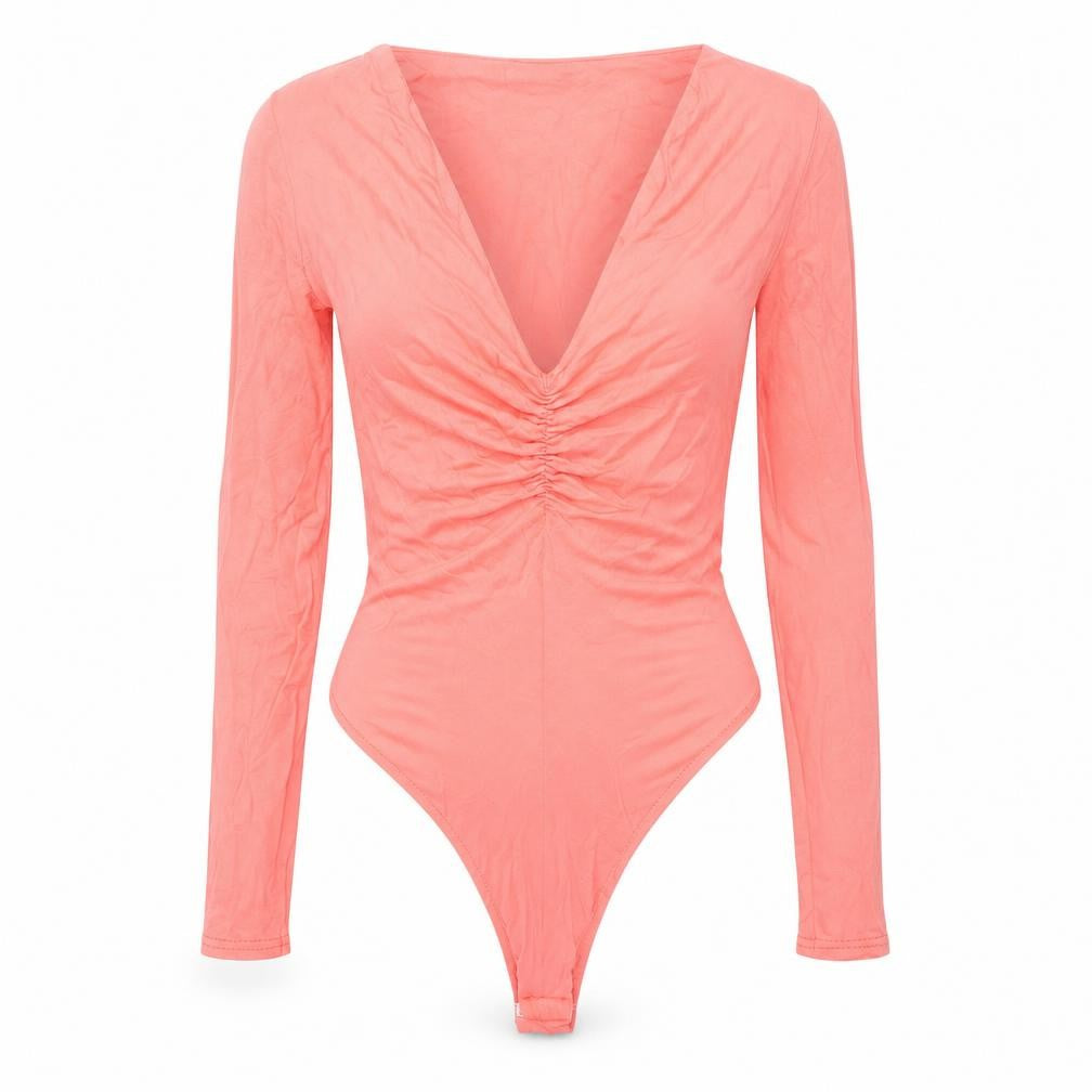 PRETTYLITTLETHING Womens Pink Viscose Bodysuit One-Piece Size 8 Snap - Rouched
