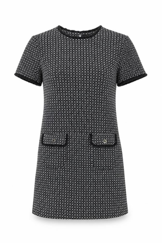 Front view of Miss Selfridge women’s black geometric polyester shift, size UK 12, round neck button