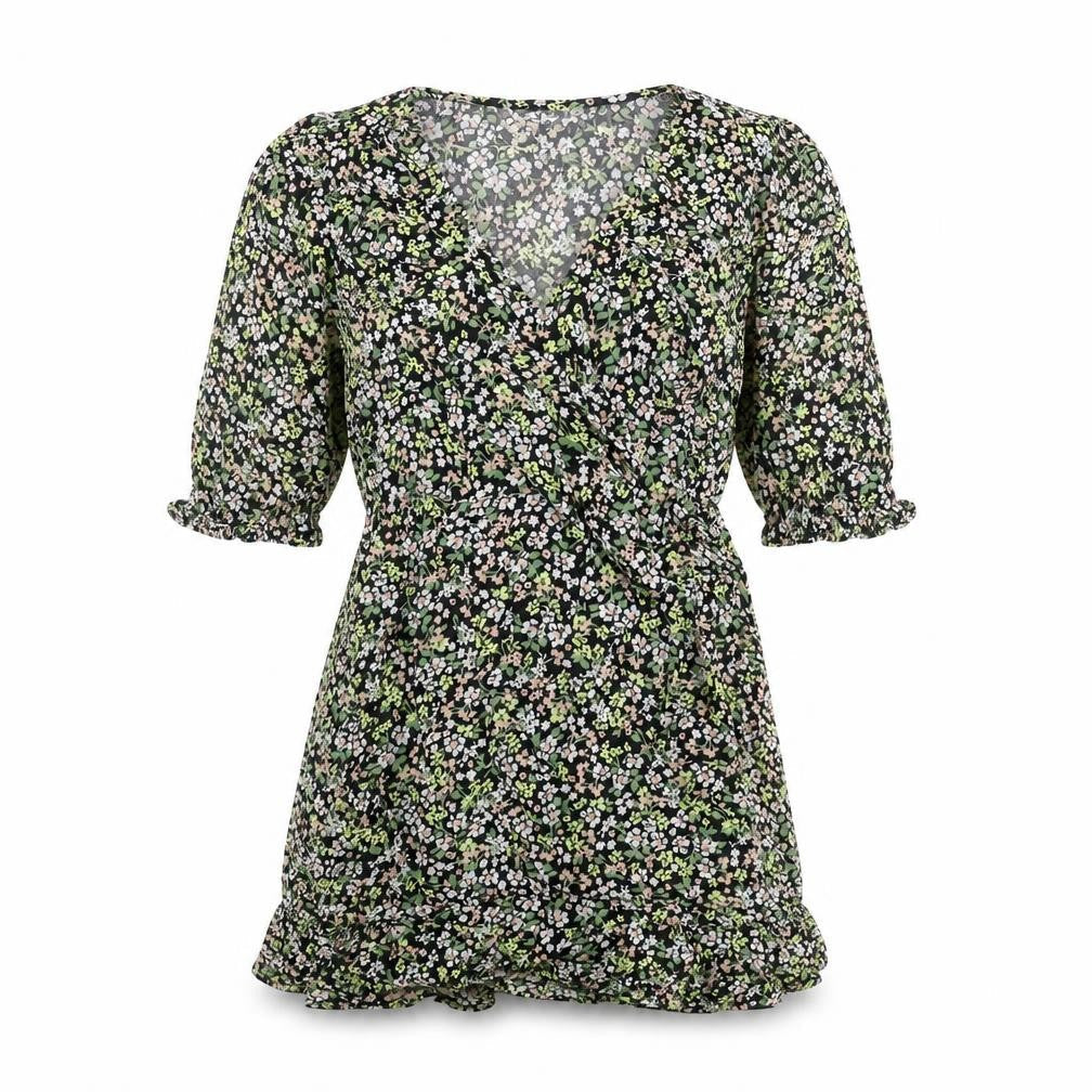 Front view of Miss Selfridge women’s multicoloured floral viscose mini, size UK 8, v-neck pullover - frill