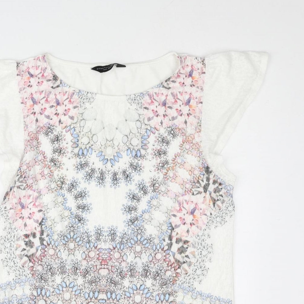 Dorothy Perkins Womens White Polyester Basic Blouse Size 12 Round Neck - Gemstone Print