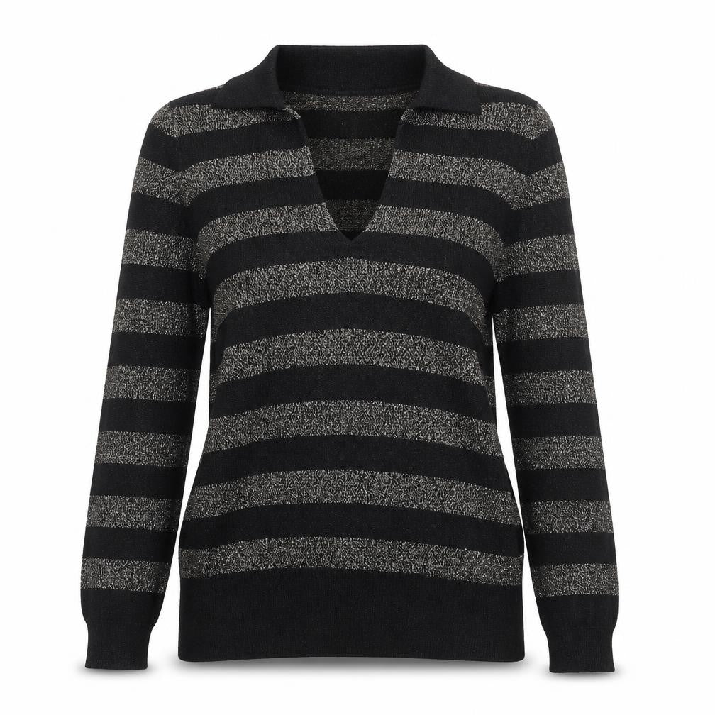 Marks and Spencer Womens Black Collared Striped Viscose Pullover Jumper Size S