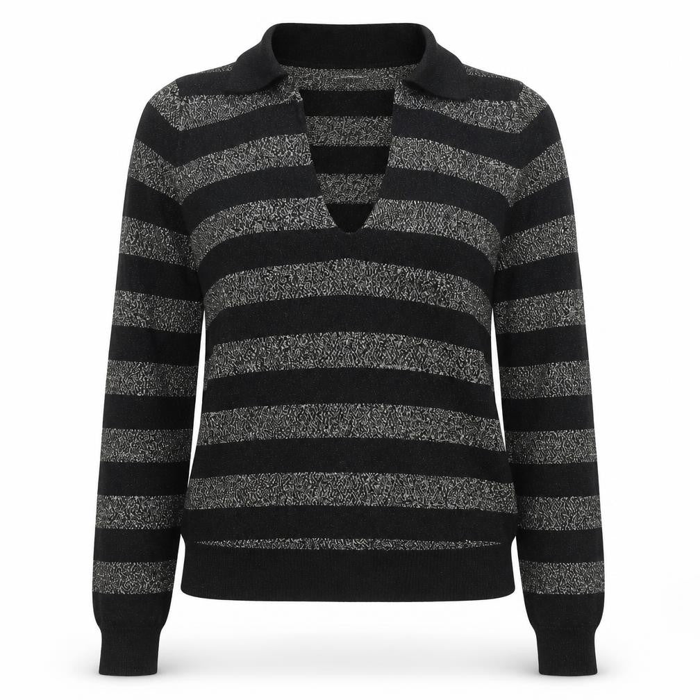 Marks and Spencer Womens Black Collared Striped Viscose Pullover Jumper Size XS
