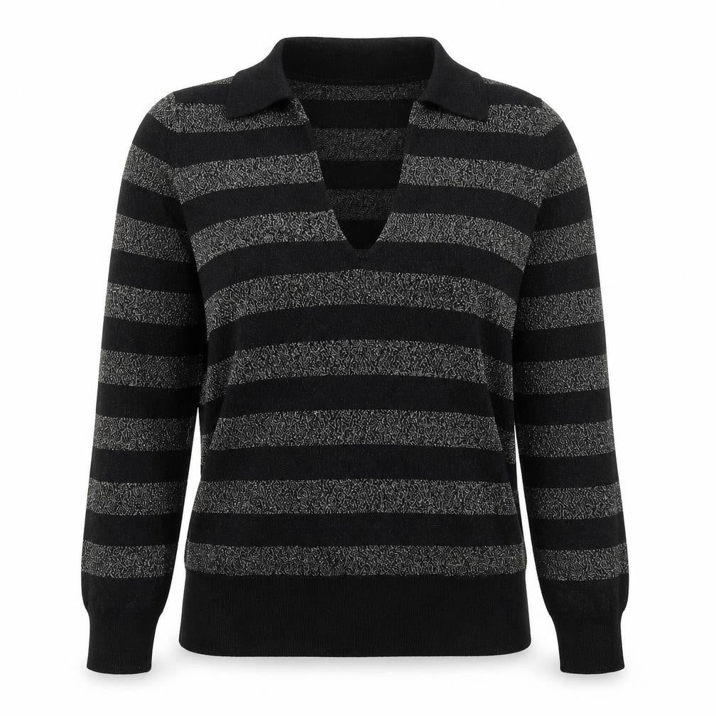 Marks and Spencer Womens Black Collared Striped Viscose Pullover Jumper Size M