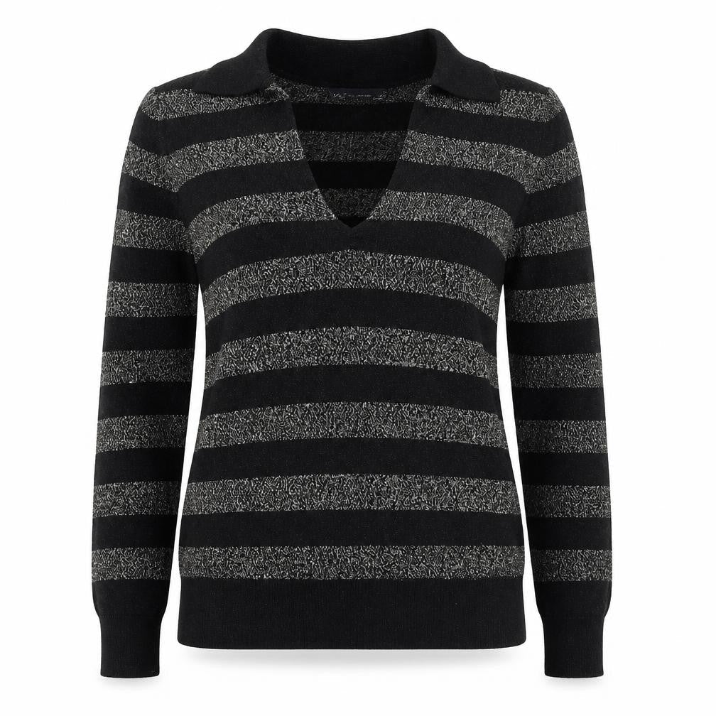 Marks and Spencer Womens Black Collared Striped Viscose Pullover Jumper Size S
