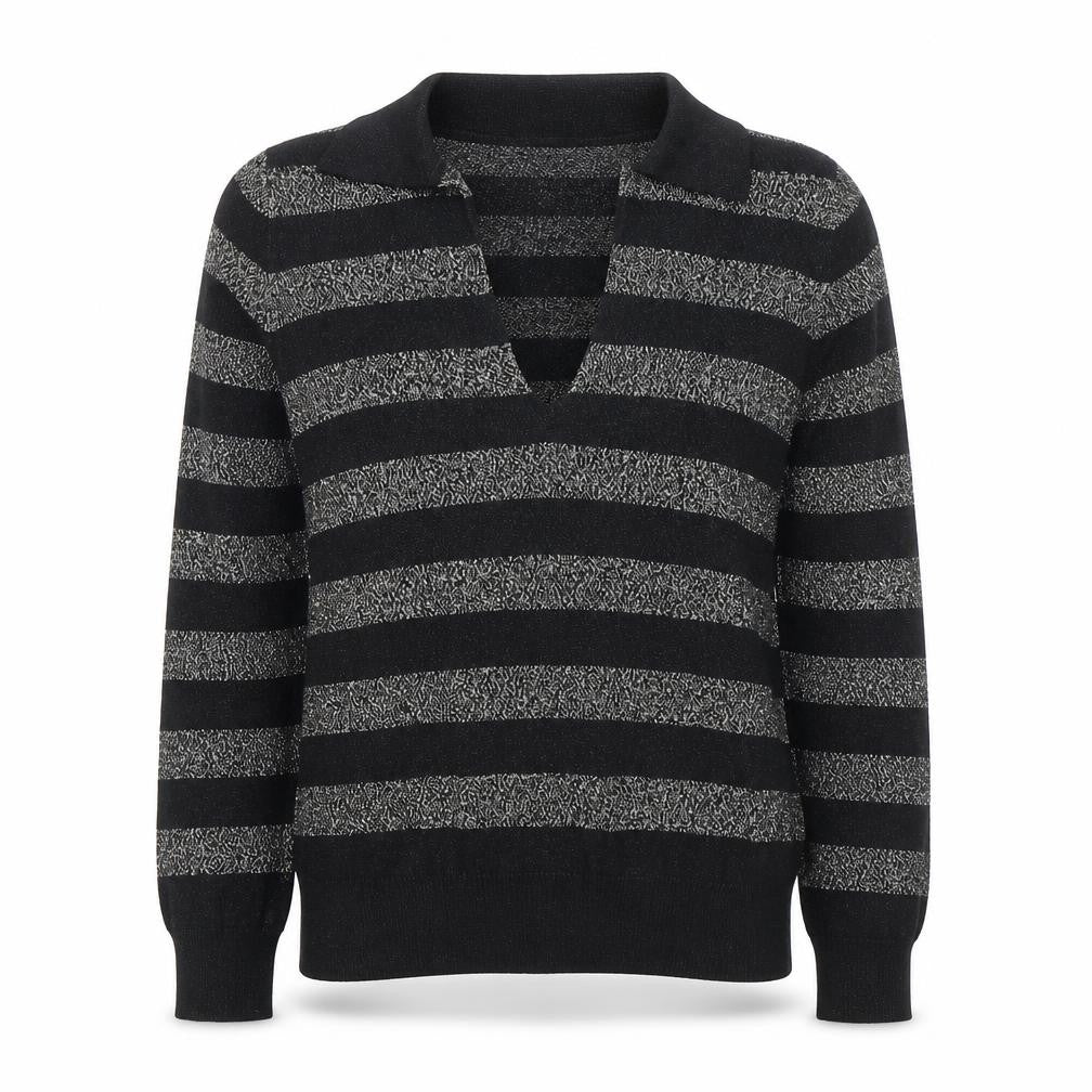 Marks and Spencer Womens Black Collared Striped Viscose Pullover Jumper Size M