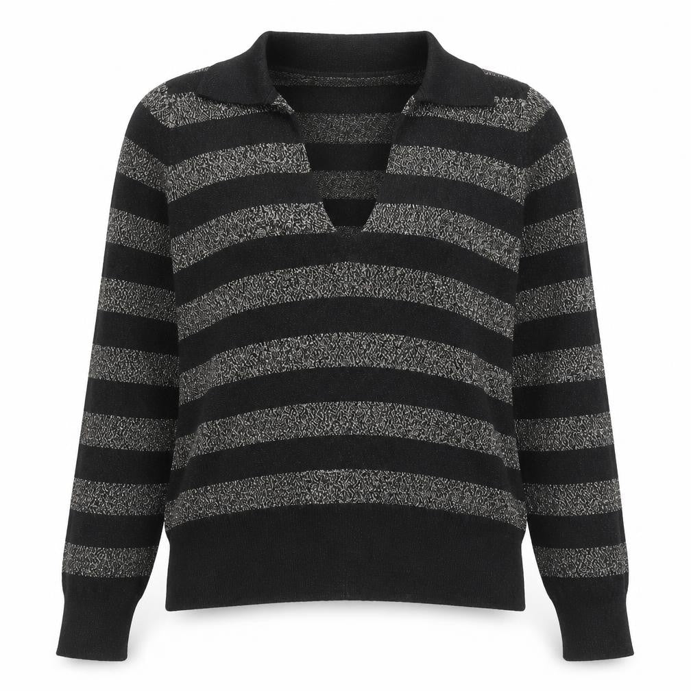 Marks and Spencer Womens Black Collared Striped Viscose Pullover Jumper Size S