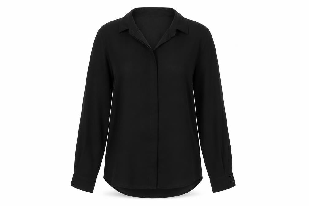 Front view of ASOS women’s black polyester basic button-up, size UK 8, collared