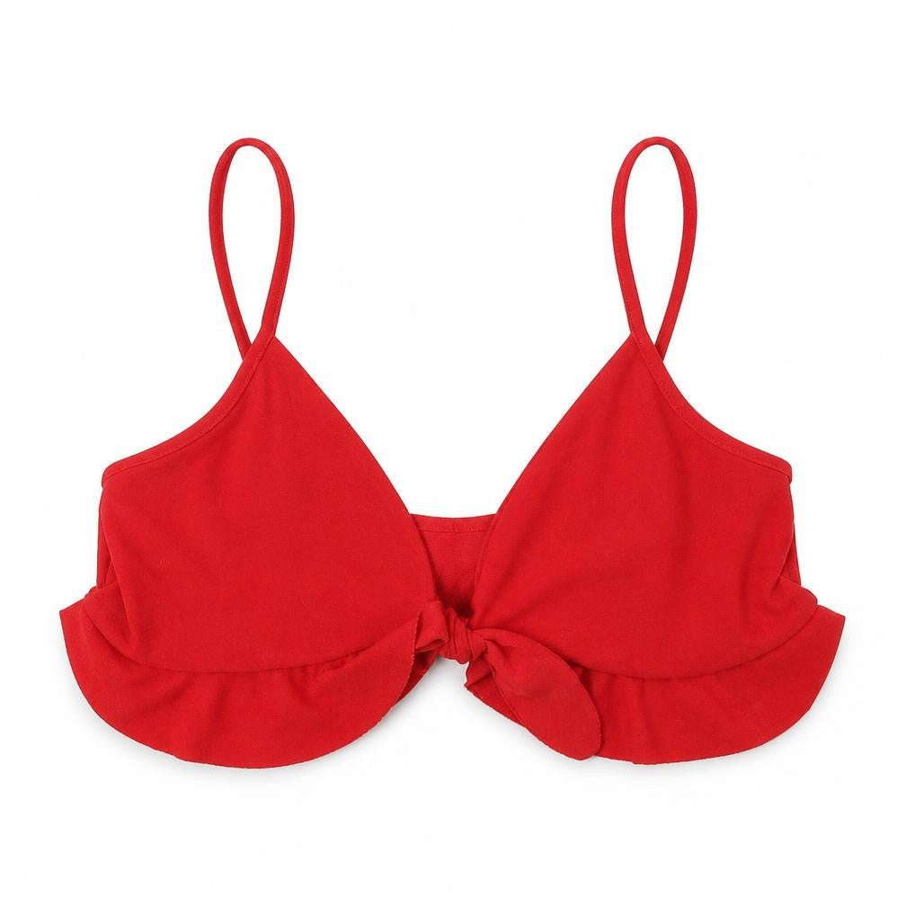 I SAW IT FIRST Womens Red Polyester Cropped T-Shirt Size 6 V-Neck - Ruffle Detail