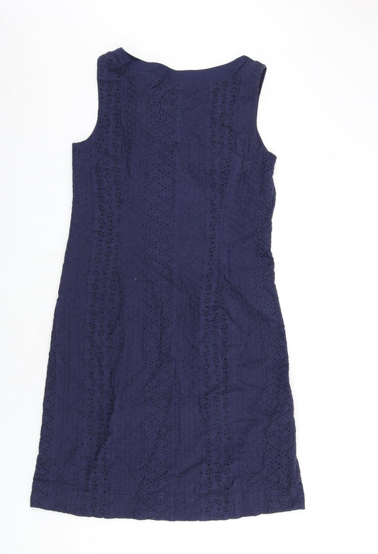 Monsoon Womens Blue Cotton A-Line Size 8 Round Neck Zip - Floral Embroidery, Tie Detail