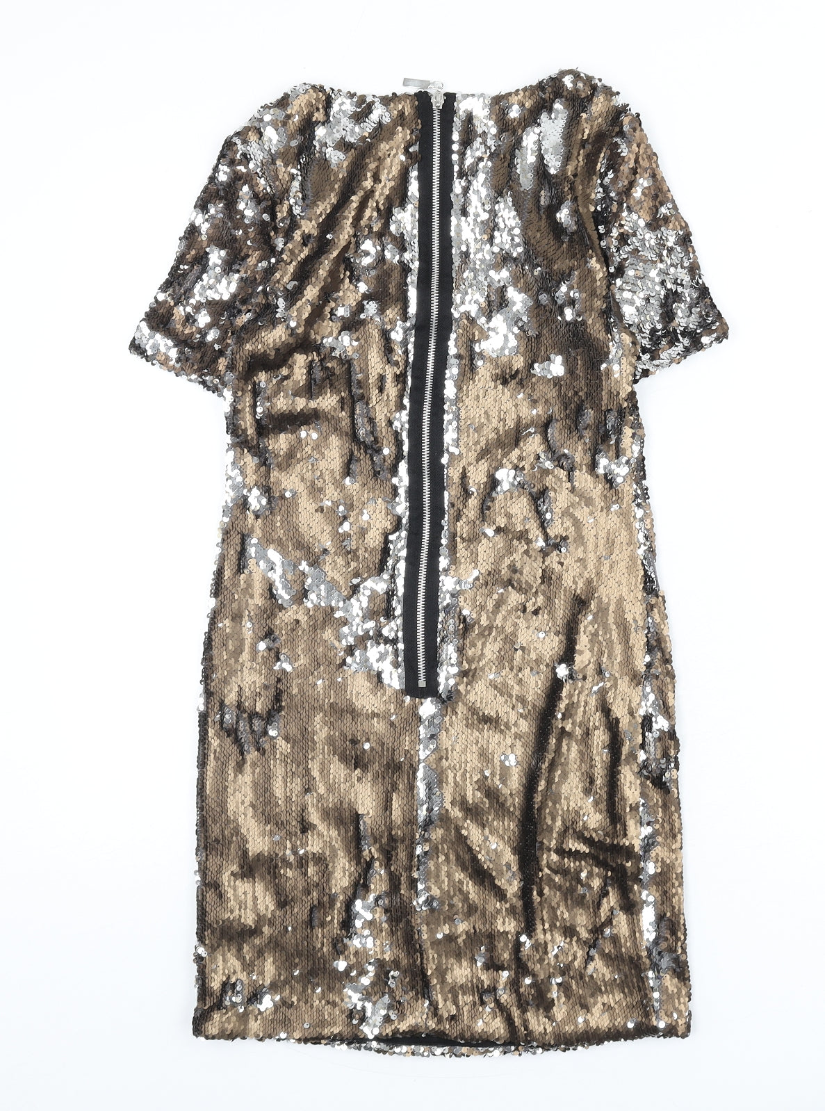 Topshop Womens Gold Polyester Pencil Dress Size 8 Round Neck Zip - Reversible Sequins