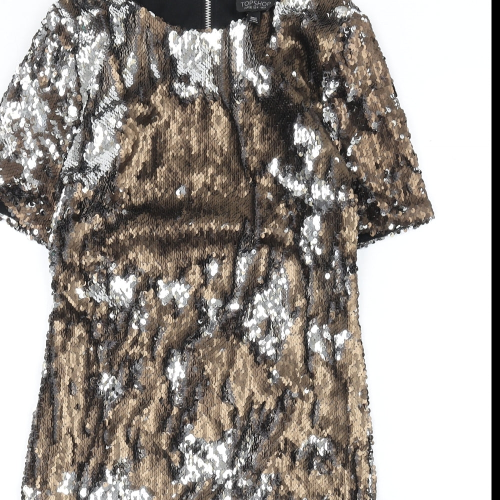 Topshop Womens Gold Polyester Pencil Dress Size 8 Round Neck Zip - Reversible Sequins
